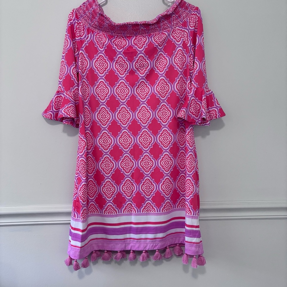Cabana Life Pink Printed Off-Shoulder Tassel Hem Midi Dress